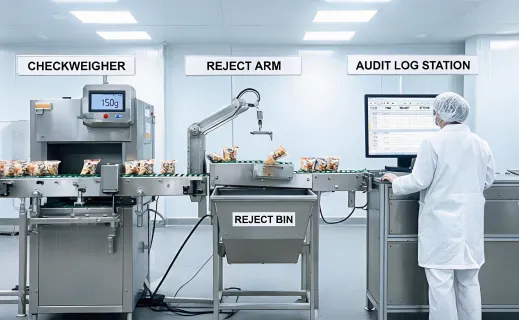 Food packaging line with checkweigher